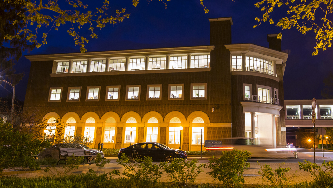 The exterior of Lerner Hall at night.