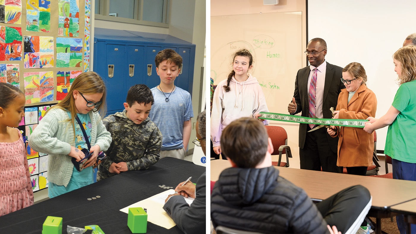 Students from UD's College School make deposits during CEEE's Bank at School kickoff.