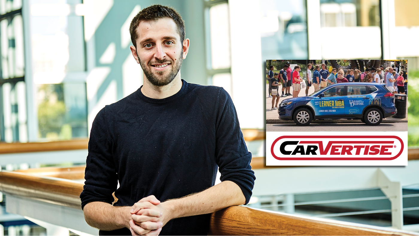 Photo of Greg Starr with the Carvertise logo and an image of a car wrapped to advertise the Lerner College.