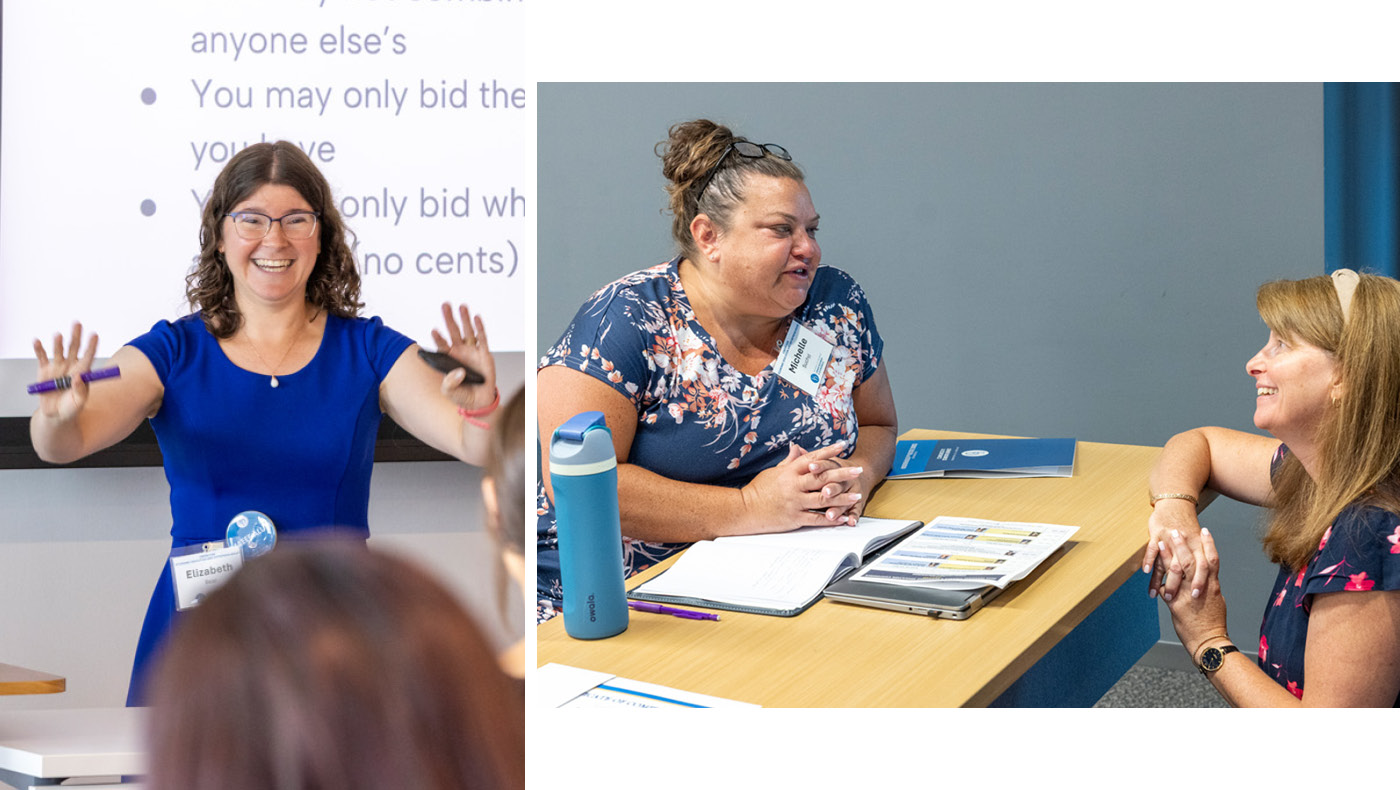 blog_CEEE Conference_2026 Erin Boettcher, an elementary school teacher for the past 24 years and a 2013 graduate of the Center’s Master of Arts in Economics and Entrepreneurship for Educators (MAEEE) program and Elizabeth Bear, a ninth-grade civics and economics teacher at Cab Calloway School of the Arts in Wilmington
