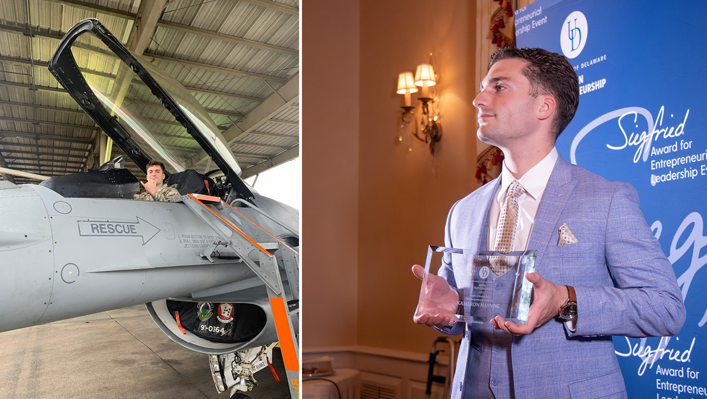 Kameron Manning in U.S. Air Force and receiving Siegfried Student Award.