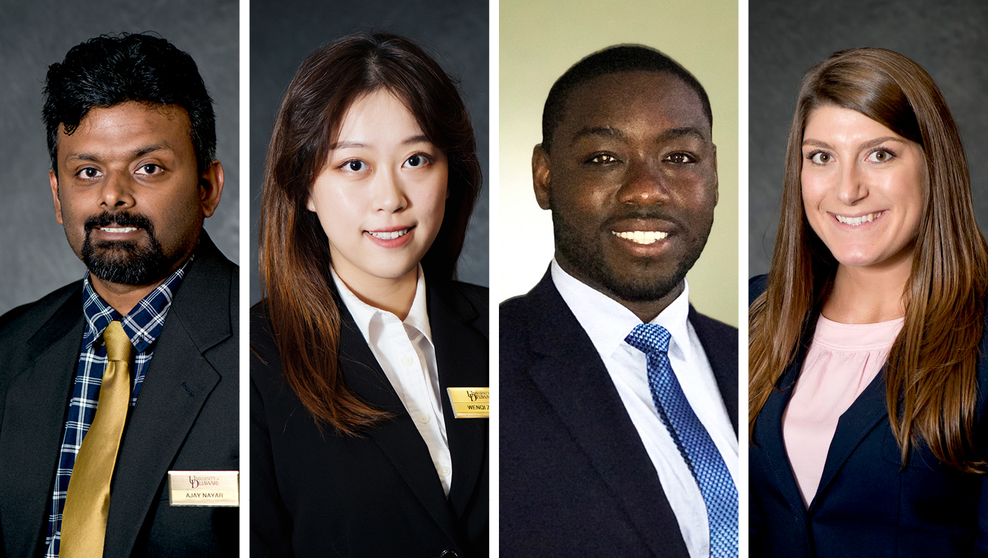 Among the UD graduate hospitality students who earned the new certification were, from left: Ajay Nayar, Wenqi Zhao, Jesse Plough and Mia Gioia.