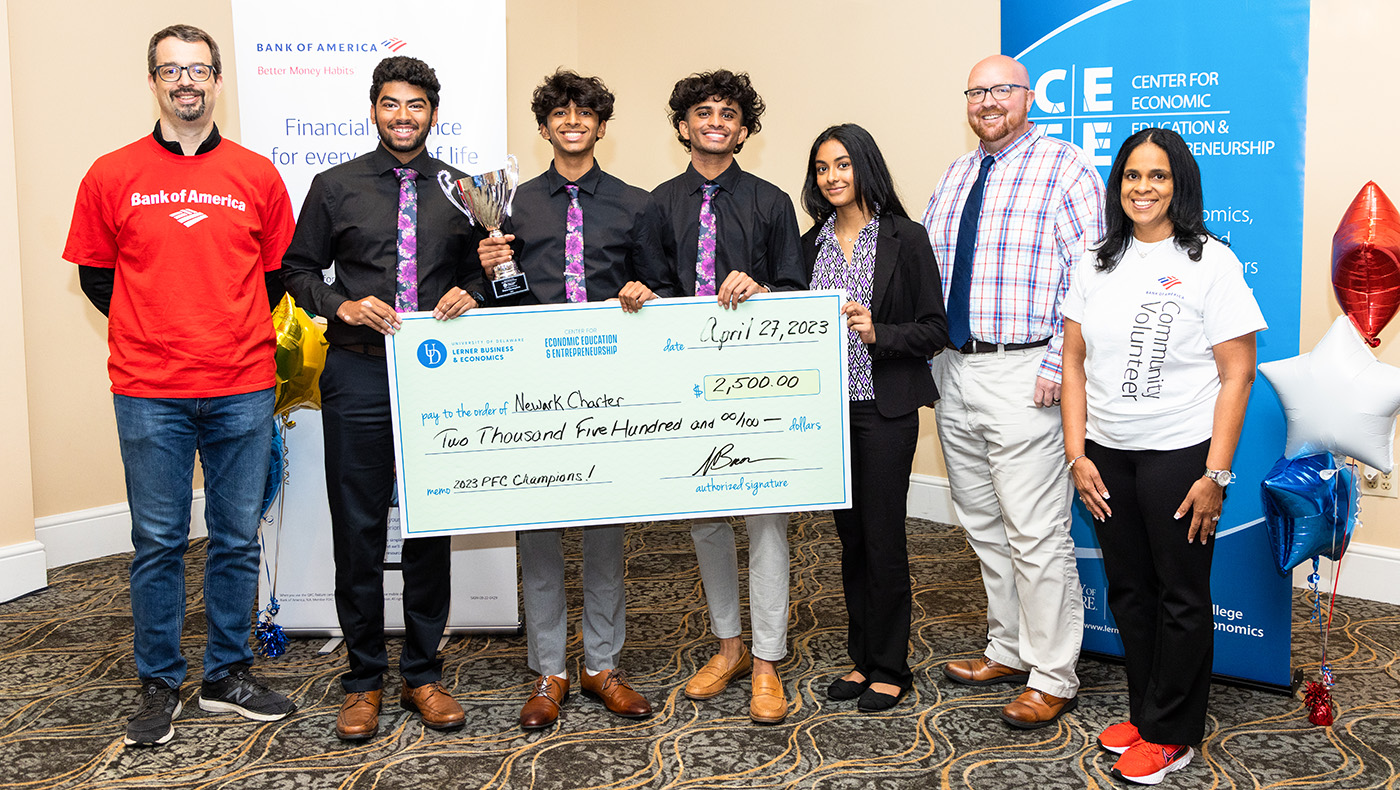On April 27th, 2023 the annual Delaware Personal Finance Challenge for high school students was held at the Executive Conference Center and hosted by the University of Delaware's Center for Economic Education and Entrepreneurship (CEEE) and Bank of America. Newark Charter won it for the second straight year in a row.