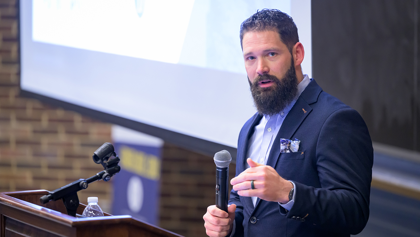 Peak Trust CEO Matthew Blattmachr speaks to UD students at the Tyler Lecture series in April.