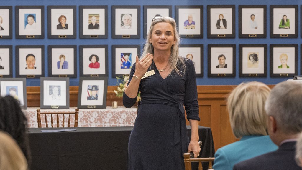UD Lerner College speaks to attendees of the Women's History Month events.
