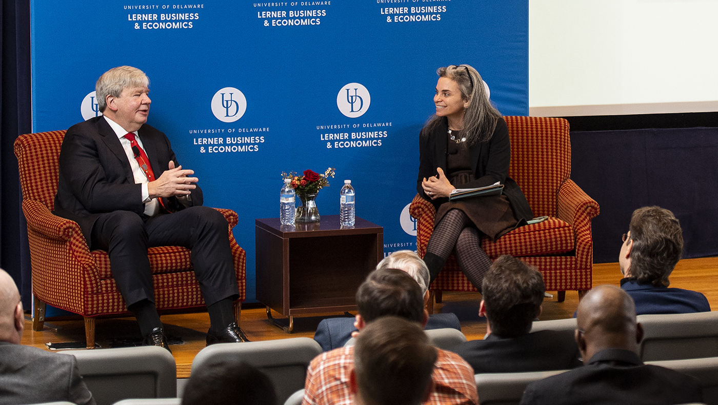 The MBA Student Conference was held on February 28th, 2020 in the Trabant Theater with panelists and keynote speakers. Wendy Smith interviews the keynote speaker Ray Quinlan in a “fireside chat” style about his thoughts on technology in business.