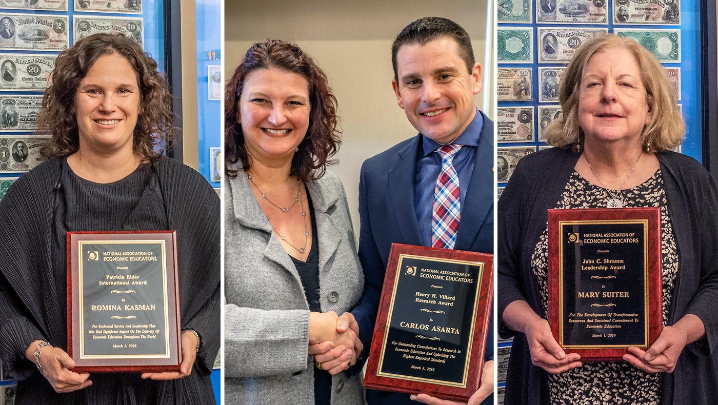 2019 NAEE Award winners include Carlos Asarta (center), Director of the Lerner College’s CEEE, and Lerner alumni Mary Suiter (right) and Romina Kasman (left).