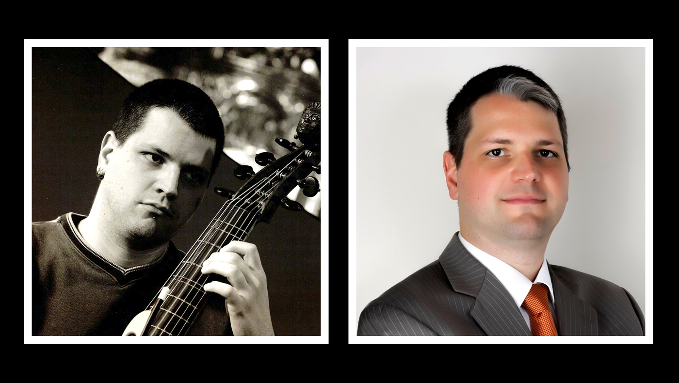 Two photos of Sergio Alvares. On the left is a photo of Alvares playing his instrument, the viol, as a professional musician. On the right is Alvares in business attire working as an entrepreneur.