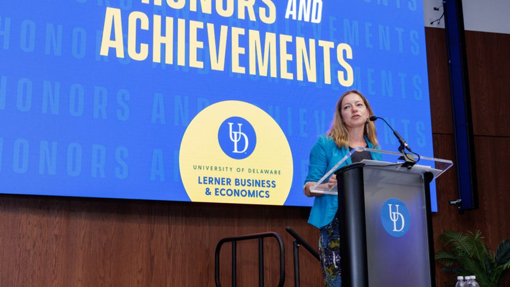 Lerner Marketing Professor Julia Bayuk speaks at the 2025 Honors & Achievements event.