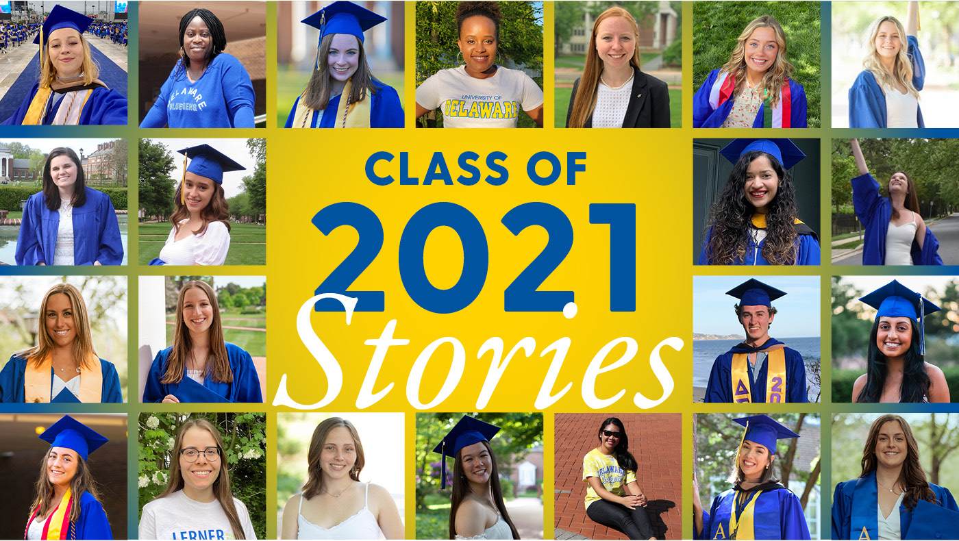 Collage of graduate photos with yellow block reading "class of 2021 stories"