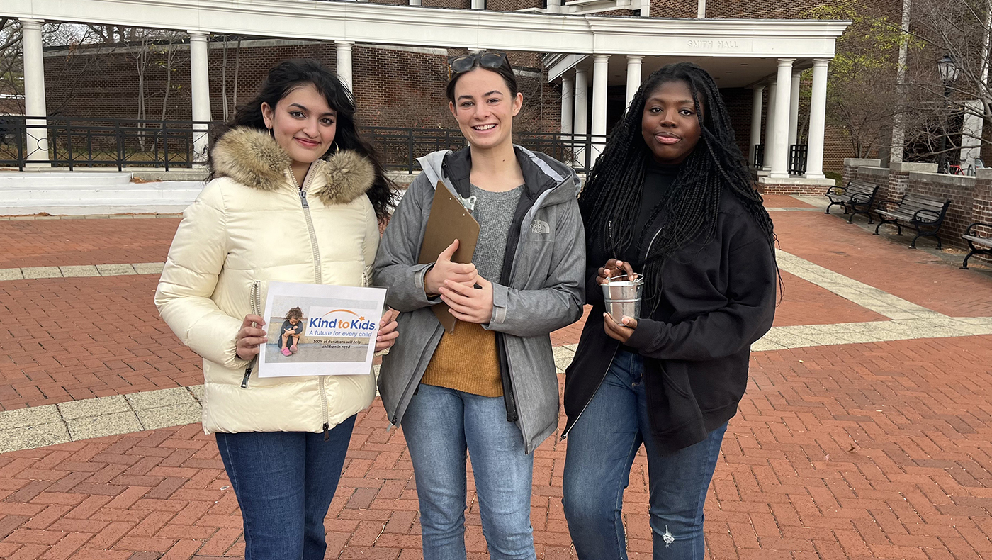 Lerner students Mischa Behari, Micah Elliott and Blossom Oladosu outside Purnell Hall.