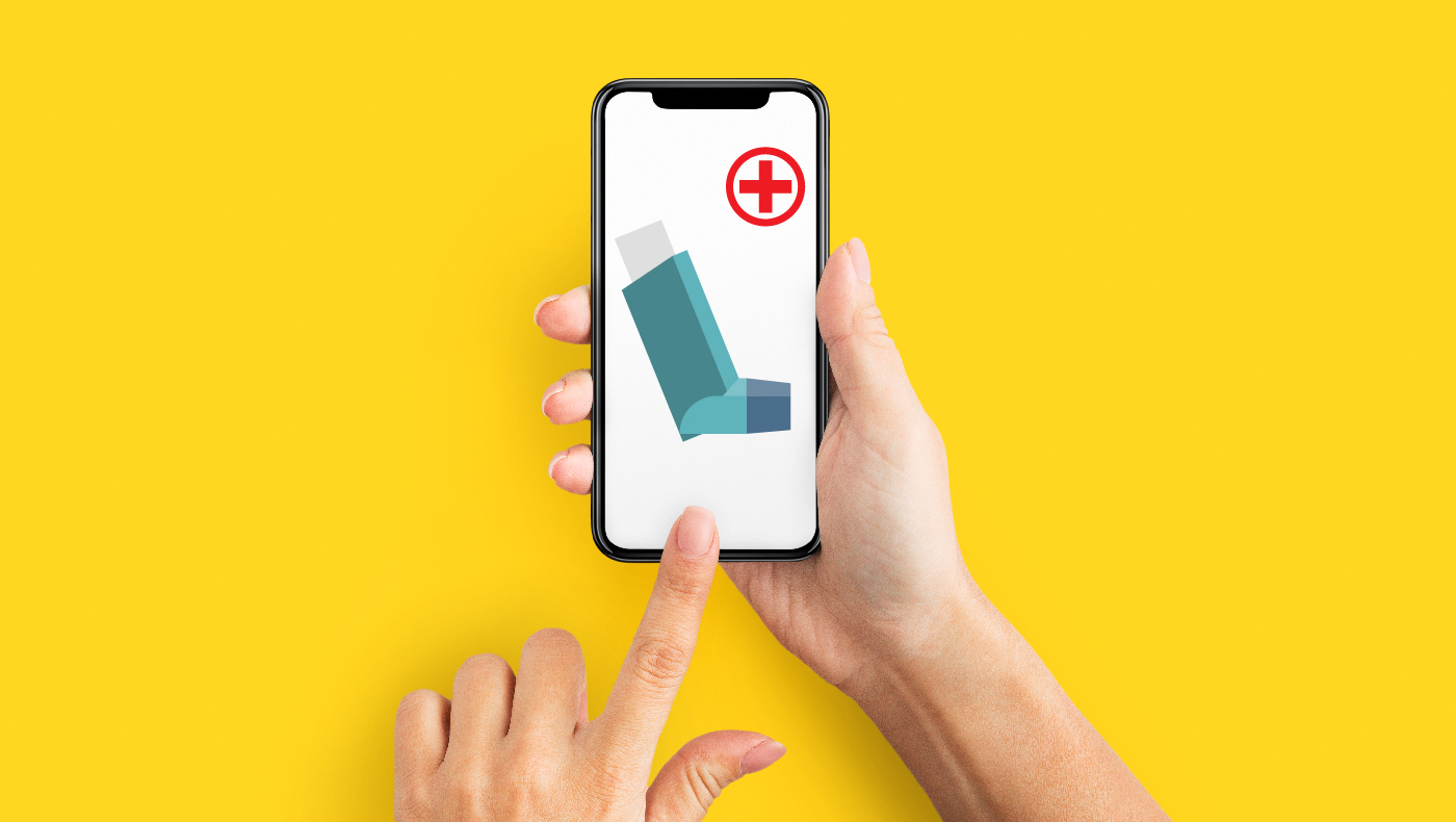 Yellow background with a smartphone featuring the image of an inhaler.