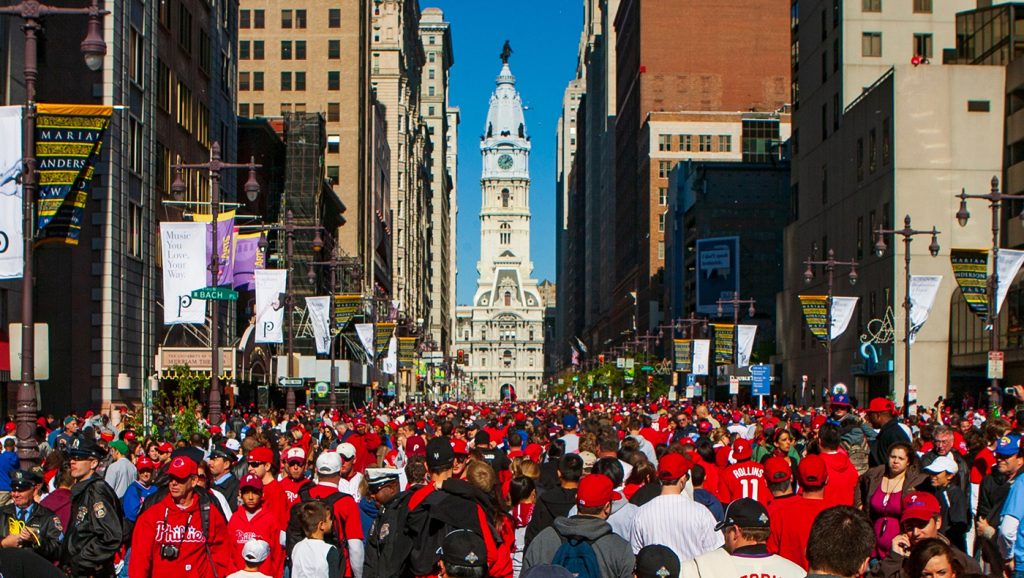 Stock photo of Phillies fans celebration in downtown Philadelphia