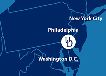 Map showing UD's location in relation to Washington, D.C. and New York city